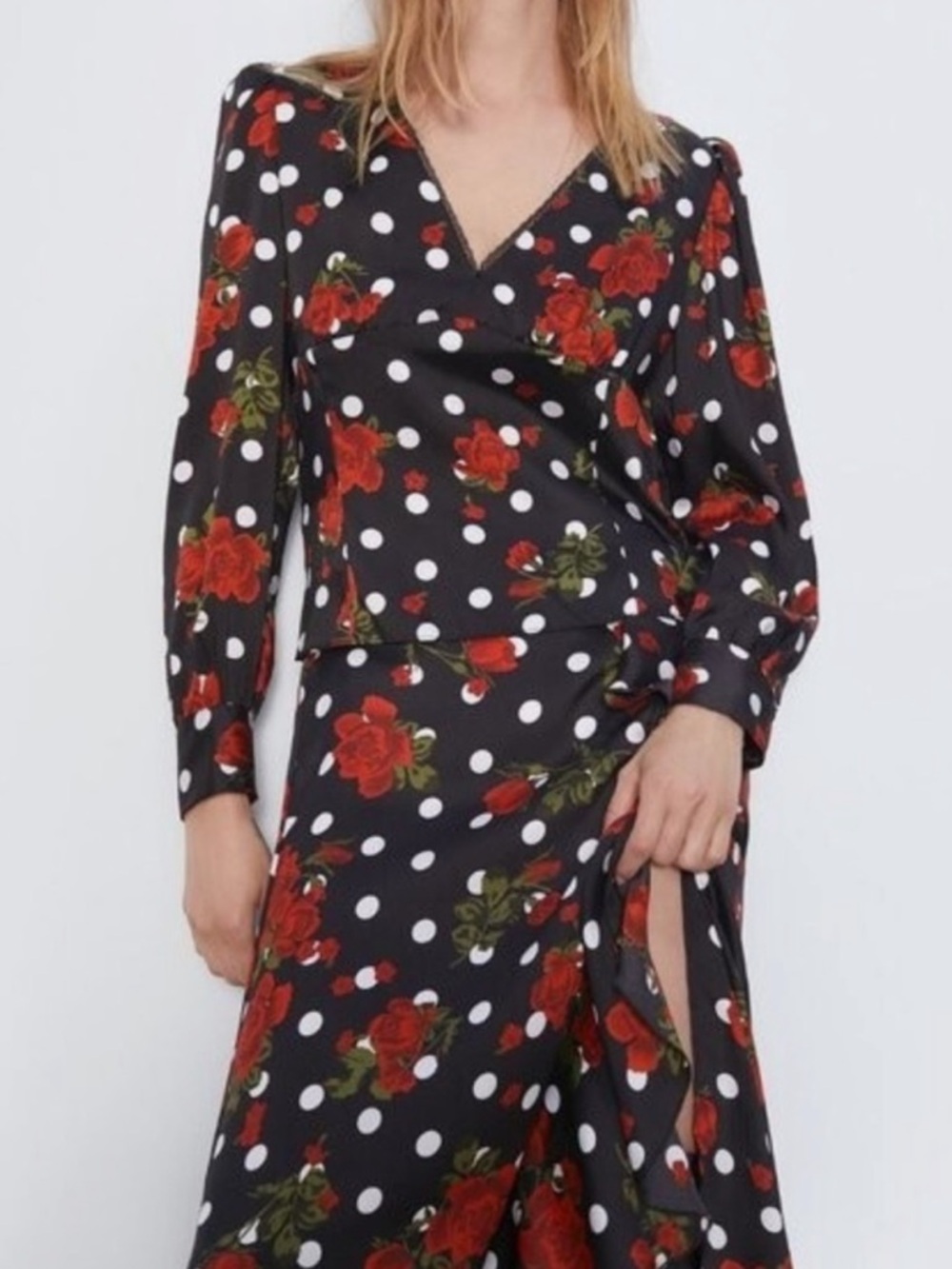 ZARA Black White Polka Dot with Red Floral V‑Neck Blouse - Picture 3 of 3